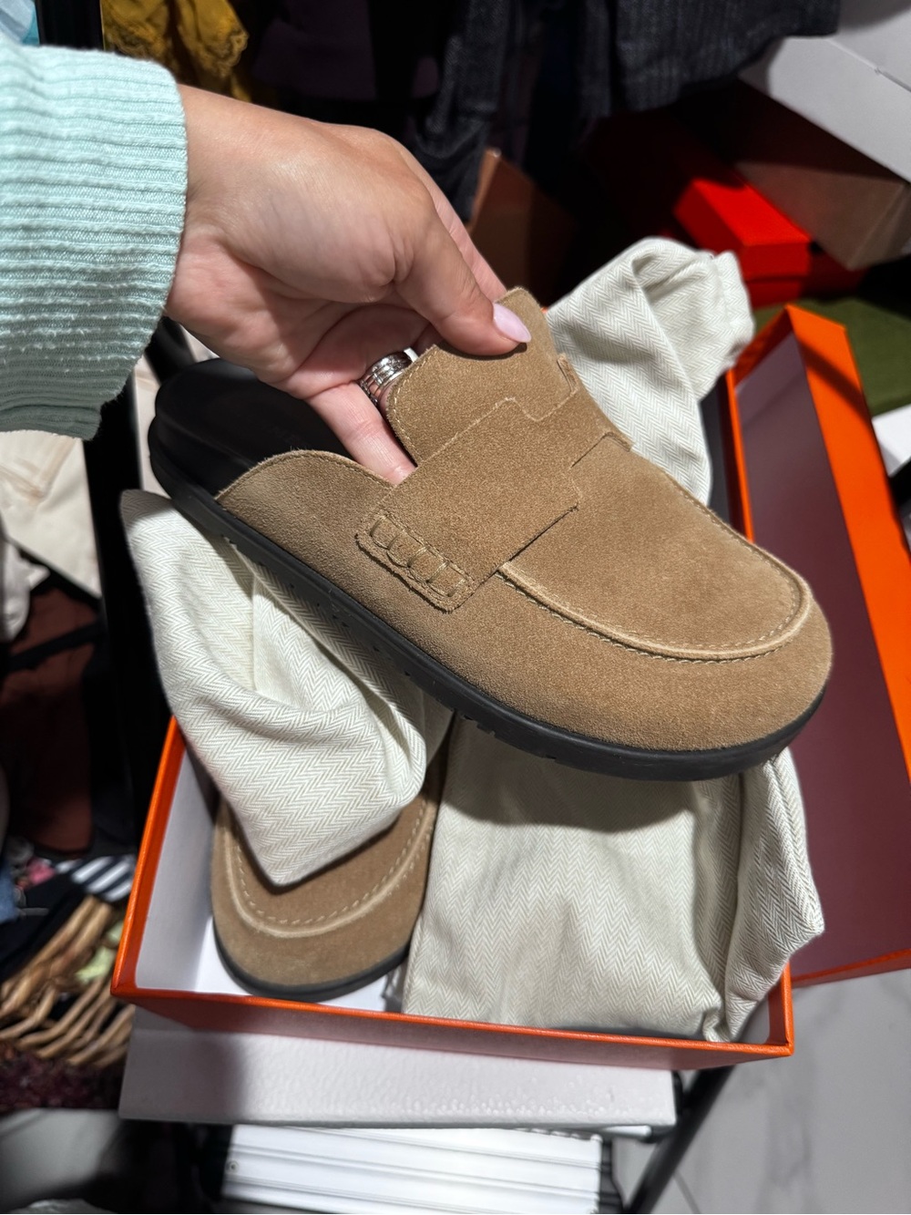 Hermes Tan Suede Slip-On Mules